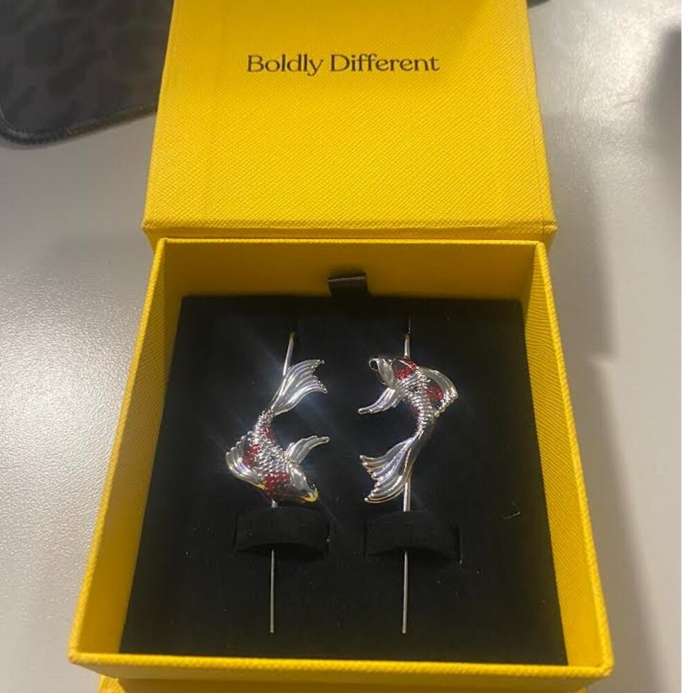 Koi Fish Silver Drop Earrings With Red Crystal Accents In Yellow Øreylo Gift Box